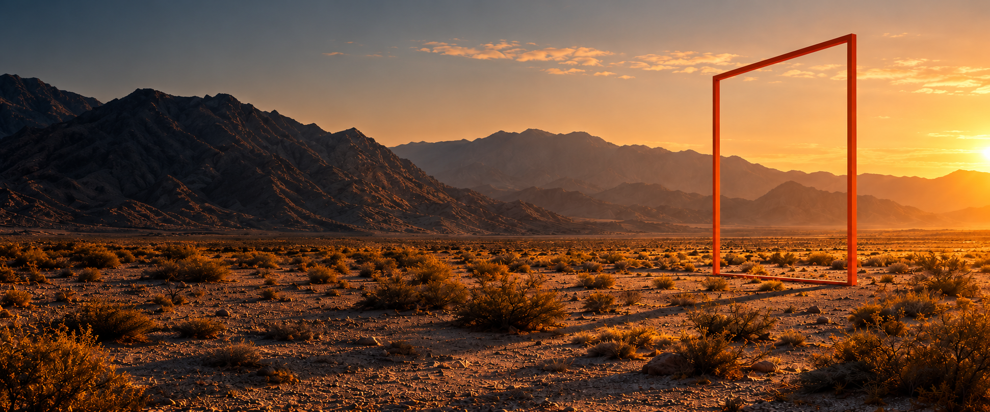 Paisaje del desierto al atardecer, con un marco naranja abierto al horizonte.