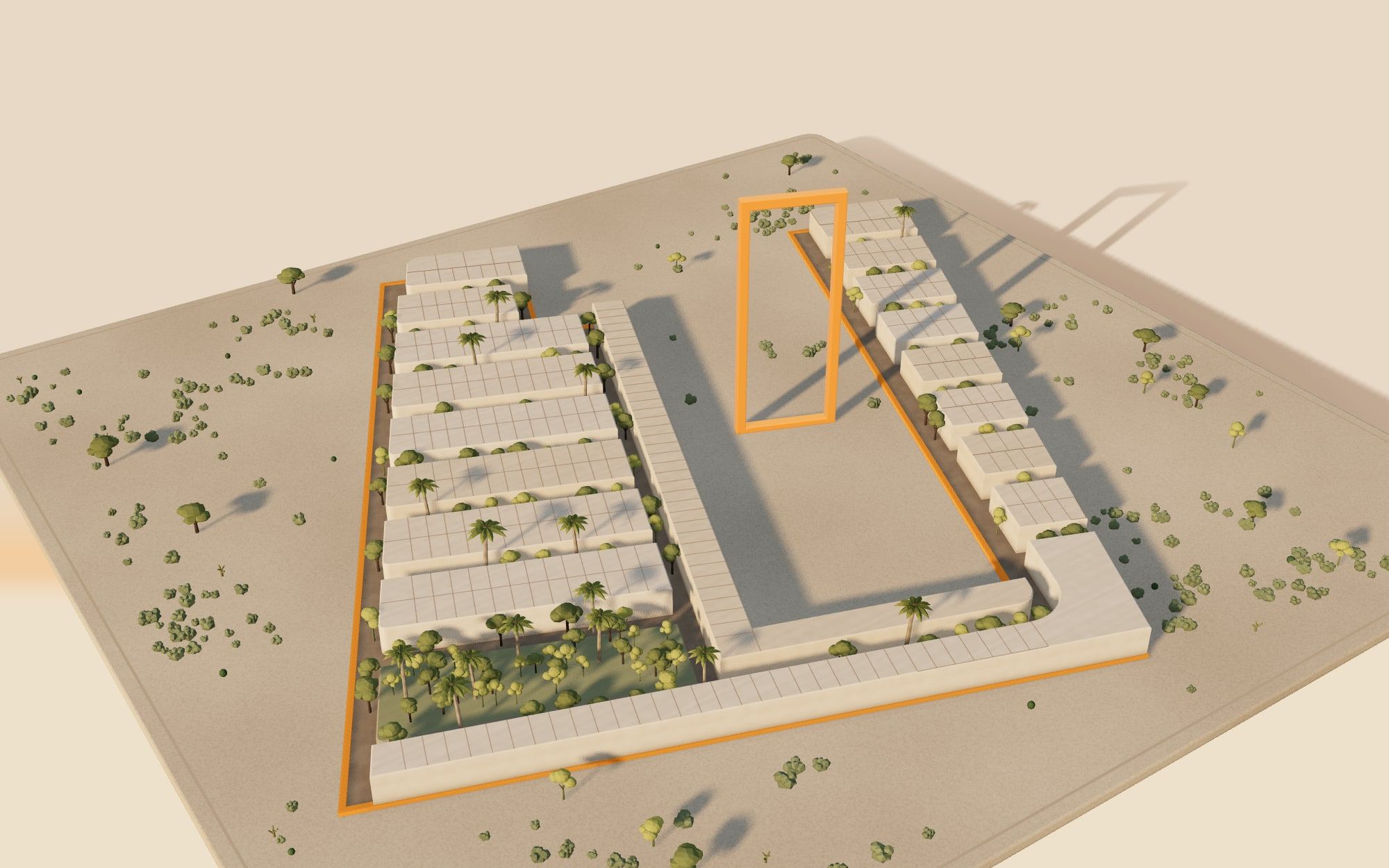 Maqueta 3D de Progreso Desert al atardecer: los bloques de lotes en piedra pálida rodean un terreno abierto con un marco naranja de pie.
